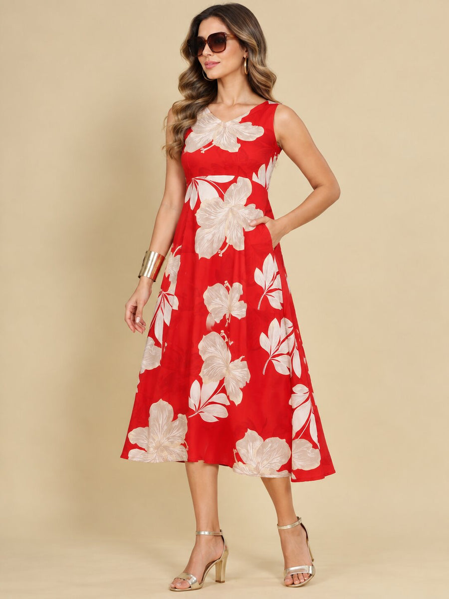 Women Red Ethnic Motifs Digital Print Fit and Flare Midi Dress