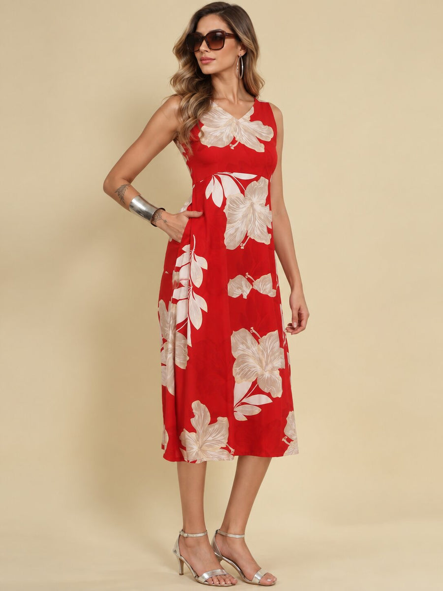Women Red Ethnic Motifs Digital Print Fit and Flare Midi Dress