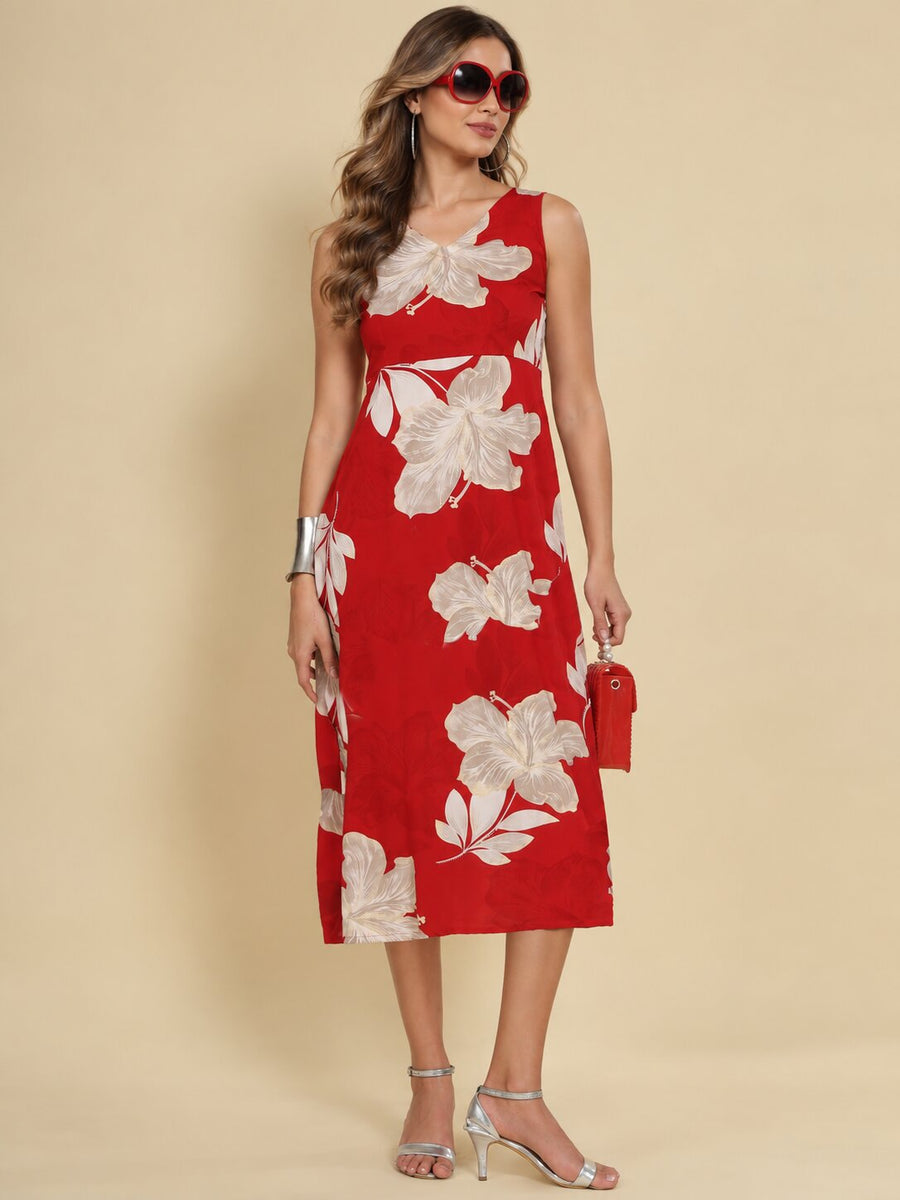 Women Red Ethnic Motifs Digital Print Fit and Flare Midi Dress