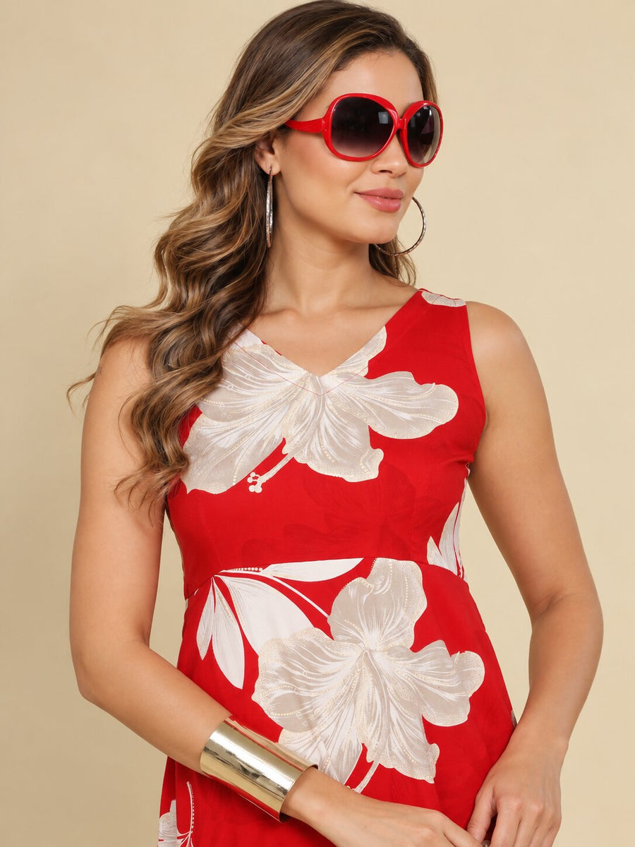 Women Red Ethnic Motifs Digital Print Fit and Flare Midi Dress