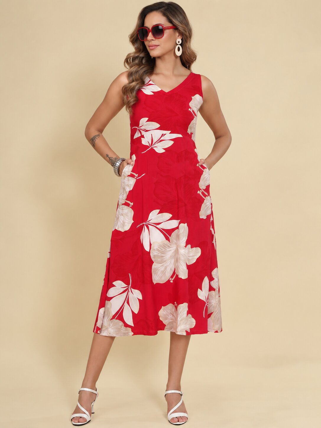 Women Red Ethnic Motifs Digital Print Fit and Flare Midi Dress
