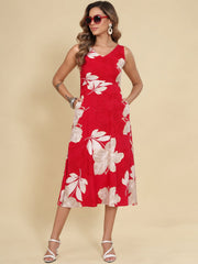 Women Red Ethnic Motifs Digital Print Fit and Flare Midi Dress