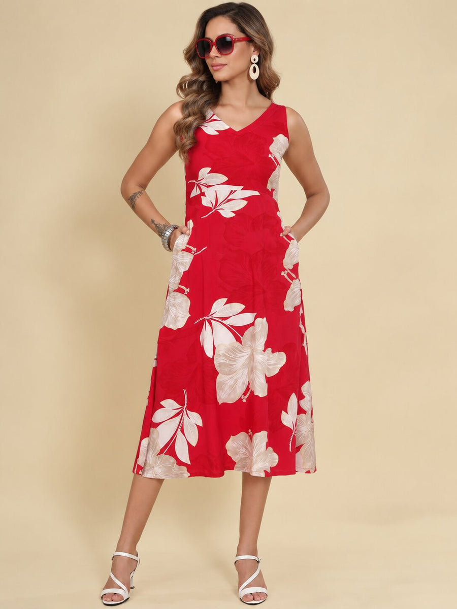Women Red Ethnic Motifs Digital Print Fit and Flare Midi Dress