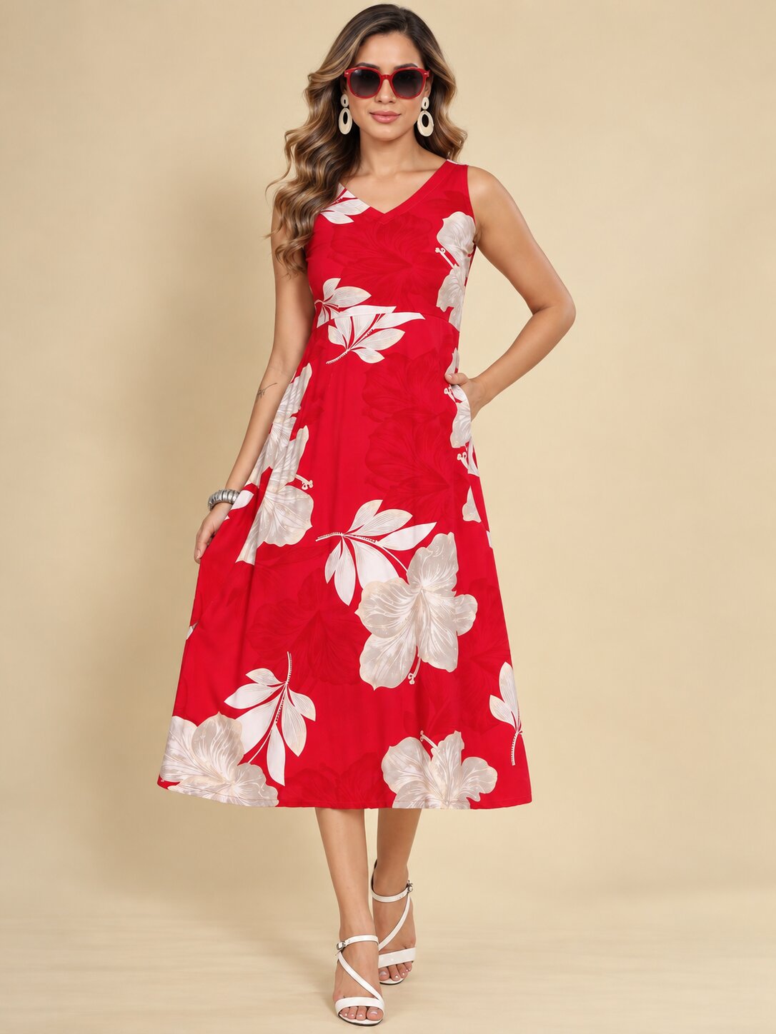 Women Red Ethnic Motifs Digital Print Fit and Flare Midi Dress
