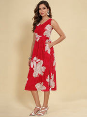 Women Red Ethnic Motifs Digital Print Fit and Flare Midi Dress