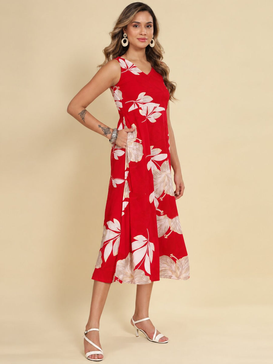 Women Red Ethnic Motifs Digital Print Fit and Flare Midi Dress