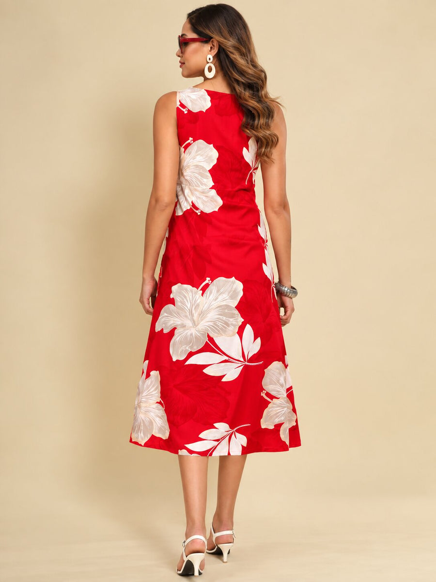 Women Red Ethnic Motifs Digital Print Fit and Flare Midi Dress