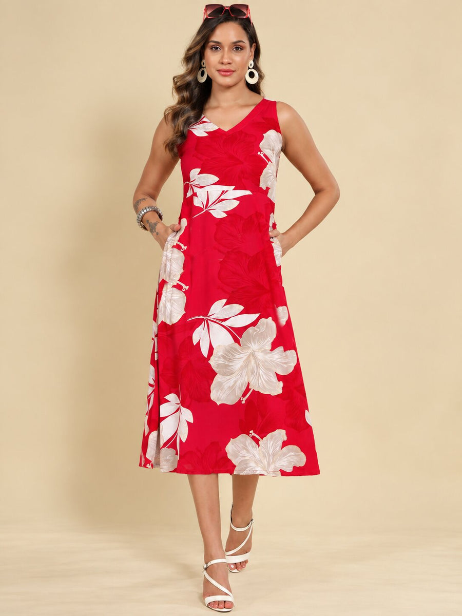 Women Red Ethnic Motifs Digital Print Fit and Flare Midi Dress
