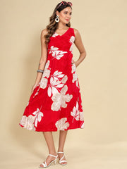 Women Red Ethnic Motifs Digital Print Fit and Flare Midi Dress
