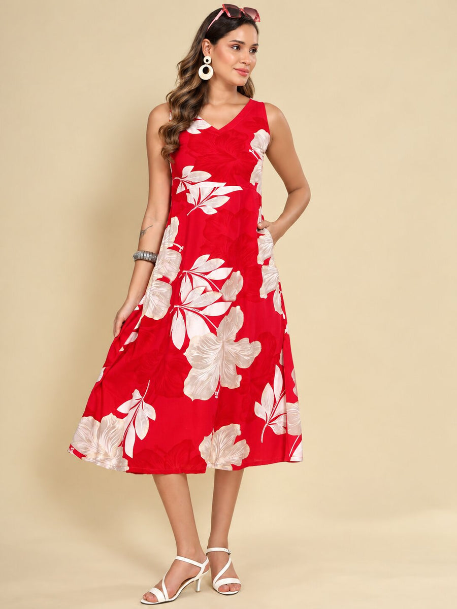 Women Red Ethnic Motifs Digital Print Fit and Flare Midi Dress