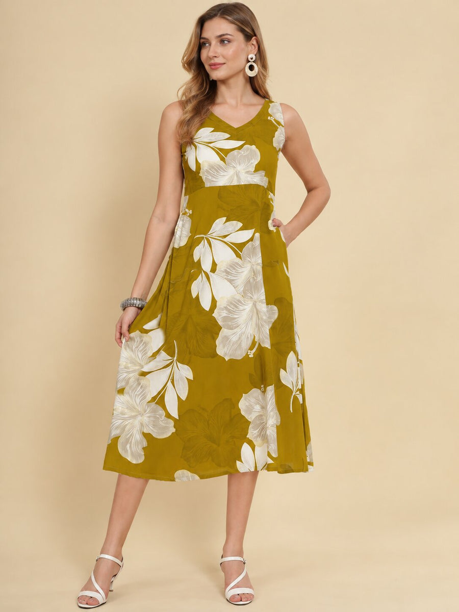 Women Green Ethnic Motifs Digital Print Fit and Flare Midi Dress