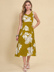 Women Green Ethnic Motifs Digital Print Fit and Flare Midi Dress