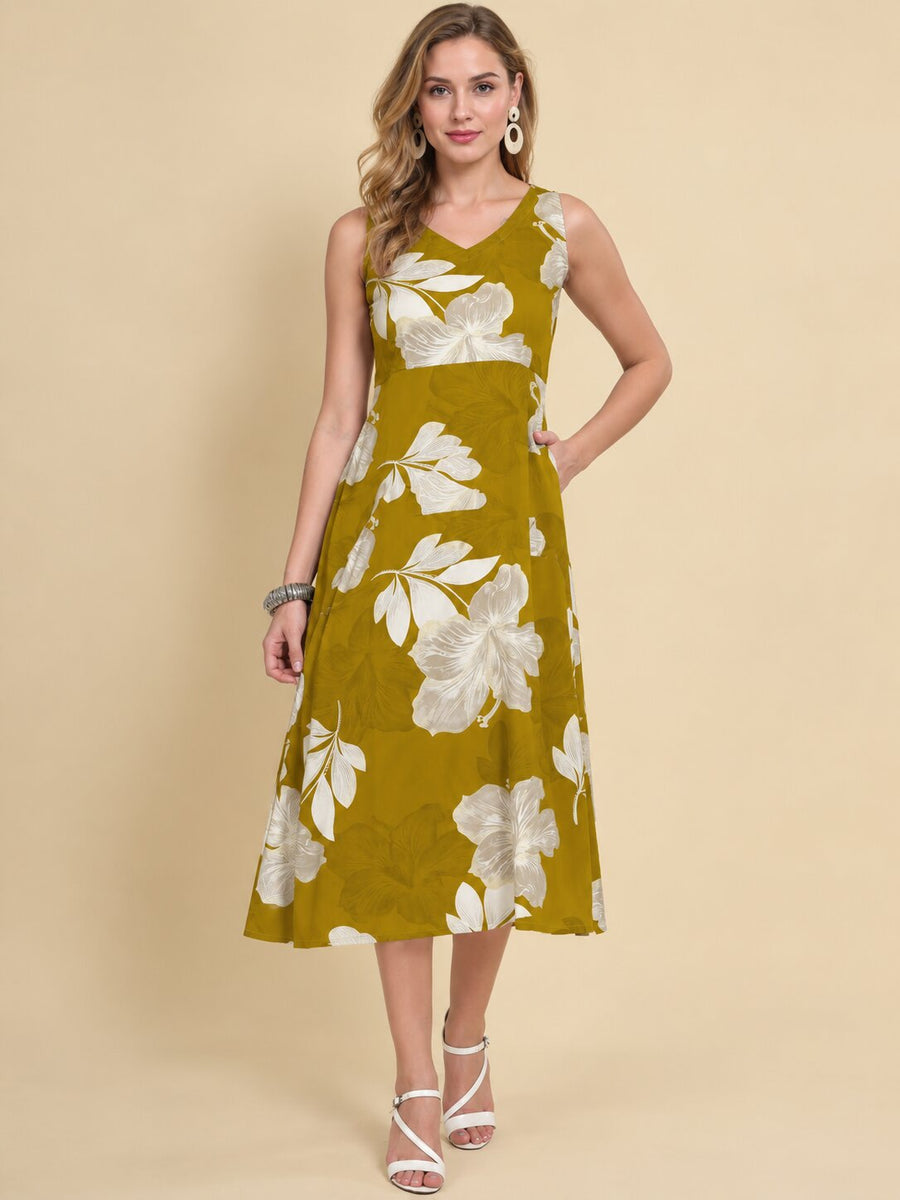 Women Green Ethnic Motifs Digital Print Fit and Flare Midi Dress