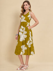 Women Green Ethnic Motifs Digital Print Fit and Flare Midi Dress