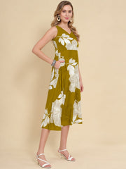 Women Green Ethnic Motifs Digital Print Fit and Flare Midi Dress