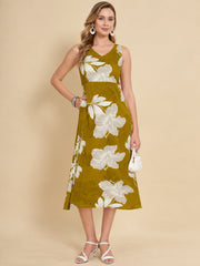 Women Green Ethnic Motifs Digital Print Fit and Flare Midi Dress