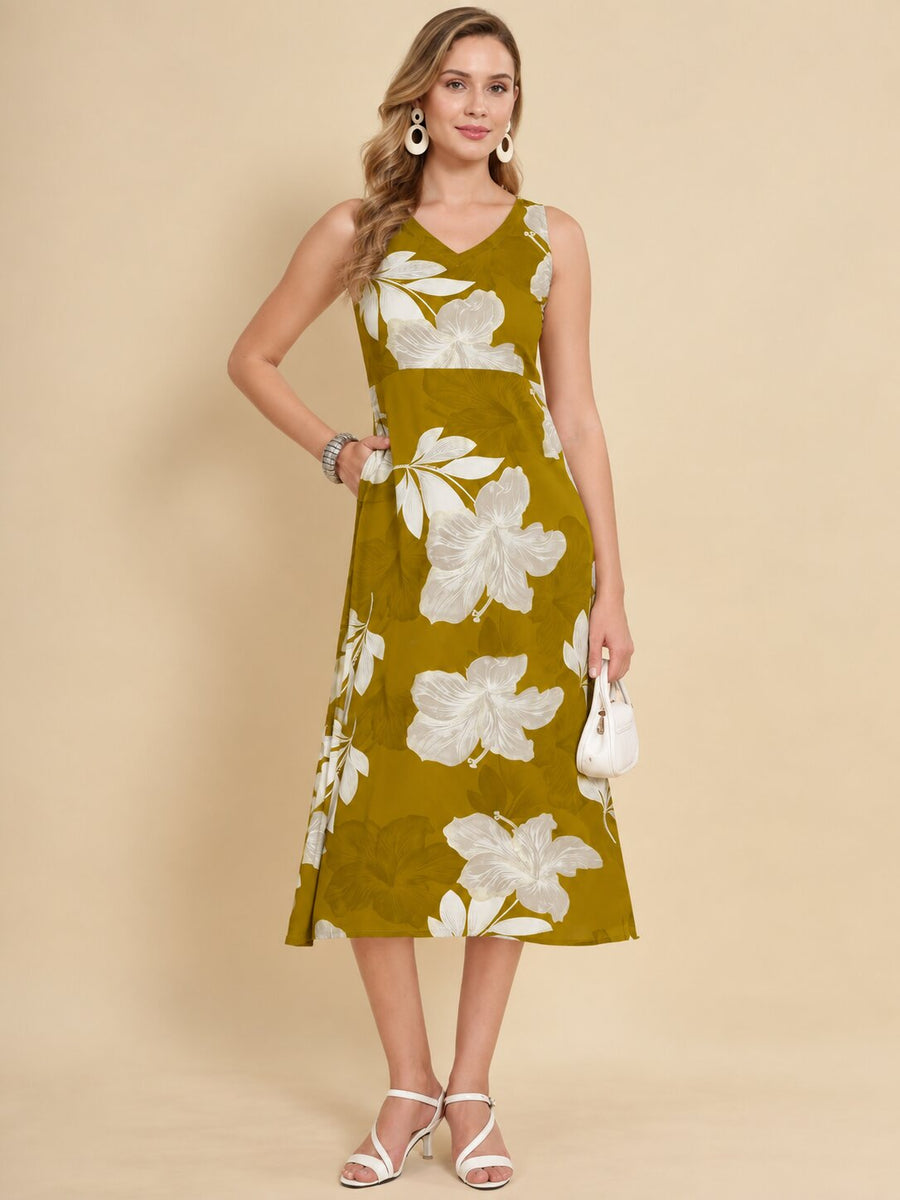 Women Green Ethnic Motifs Digital Print Fit and Flare Midi Dress