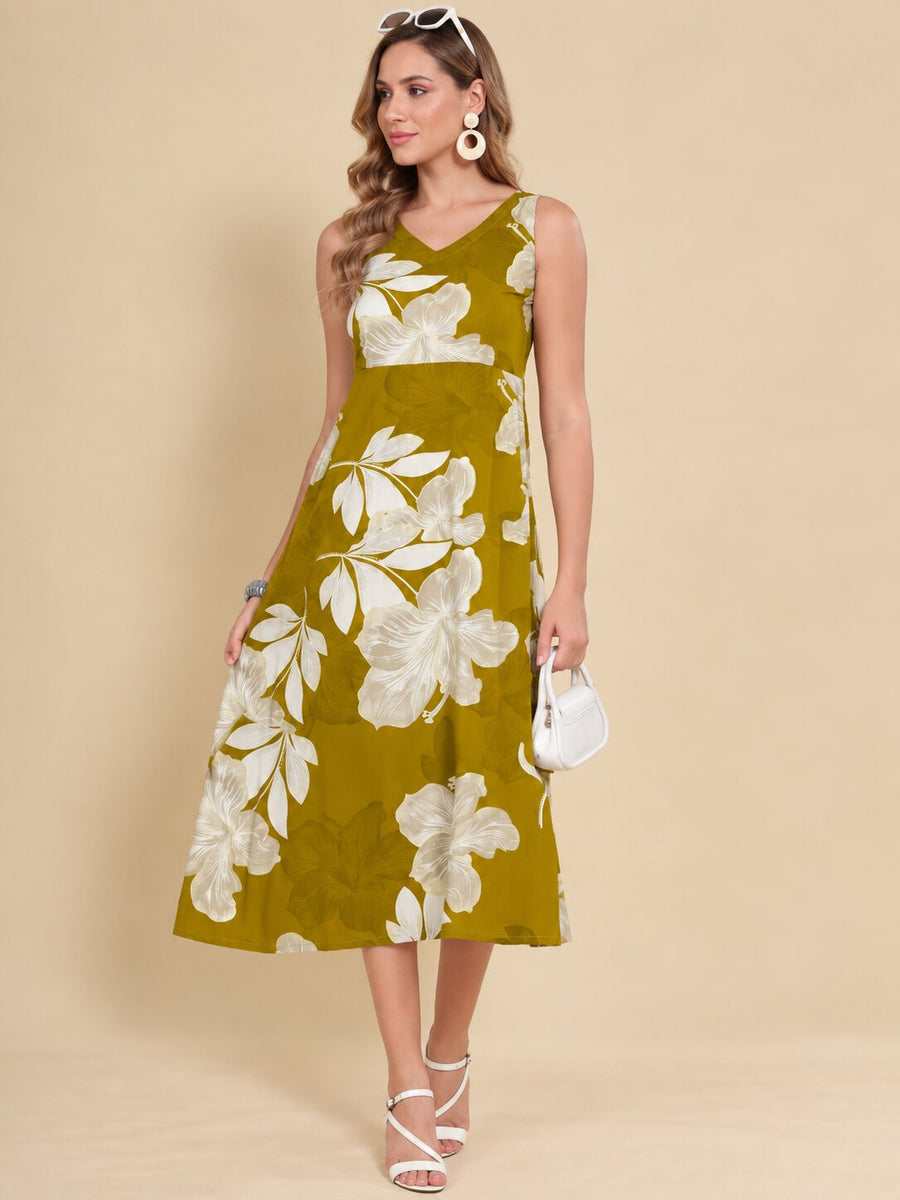 Women Green Ethnic Motifs Digital Print Fit and Flare Midi Dress