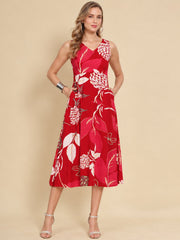 Women Red Ethnic Motifs Digital Print Fit and Flare Midi Dress
