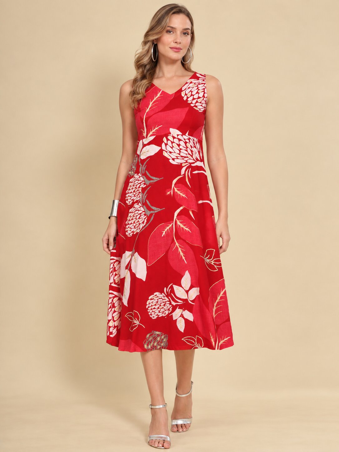 Women Red Ethnic Motifs Digital Print Fit and Flare Midi Dress