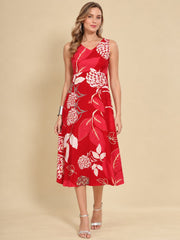 Women Red Ethnic Motifs Digital Print Fit and Flare Midi Dress
