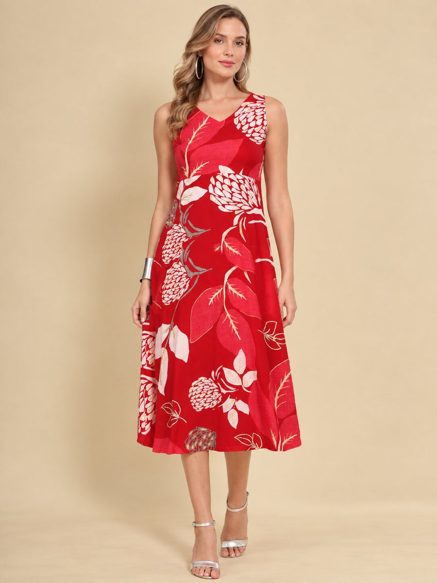 Women Red Ethnic Motifs Digital Print Fit and Flare Midi Dress