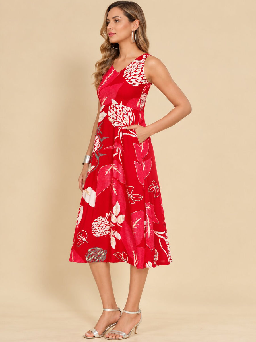 Women Red Ethnic Motifs Digital Print Fit and Flare Midi Dress