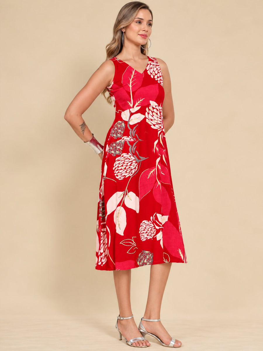 Women Red Ethnic Motifs Digital Print Fit and Flare Midi Dress