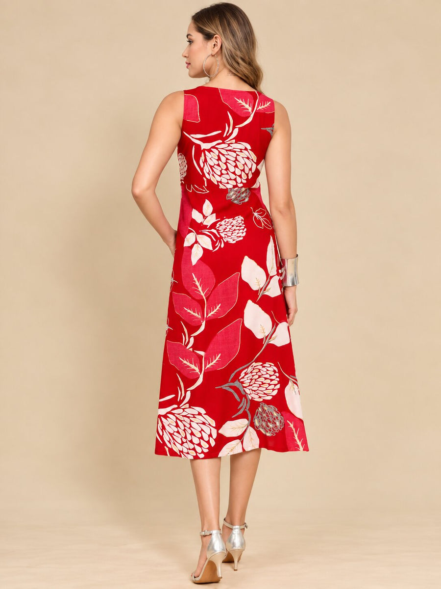 Women Red Ethnic Motifs Digital Print Fit and Flare Midi Dress