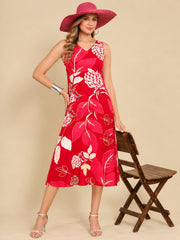 Women Red Ethnic Motifs Digital Print Fit and Flare Midi Dress