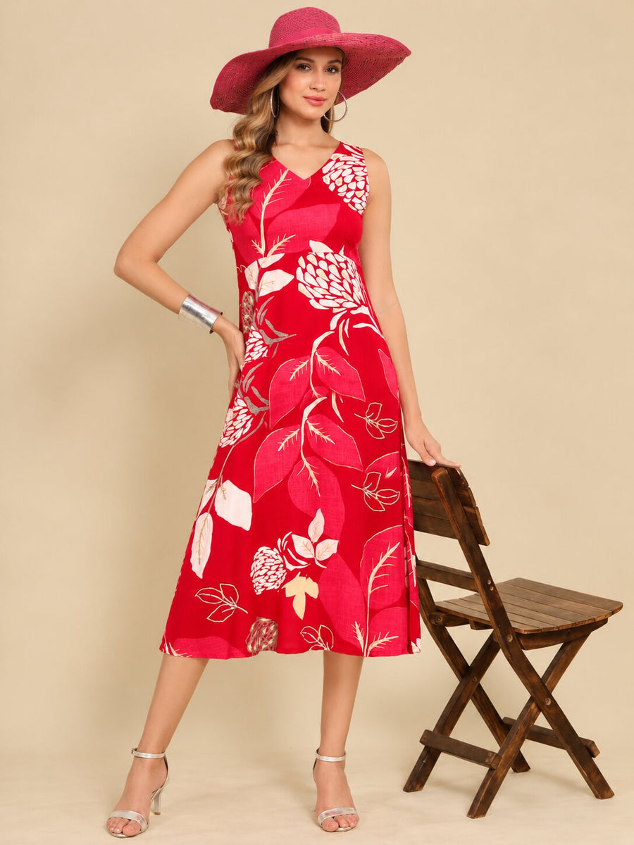 Women Red Ethnic Motifs Digital Print Fit and Flare Midi Dress