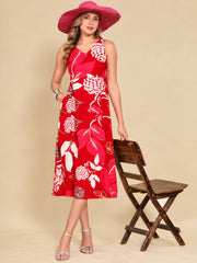 Women Red Ethnic Motifs Digital Print Fit and Flare Midi Dress