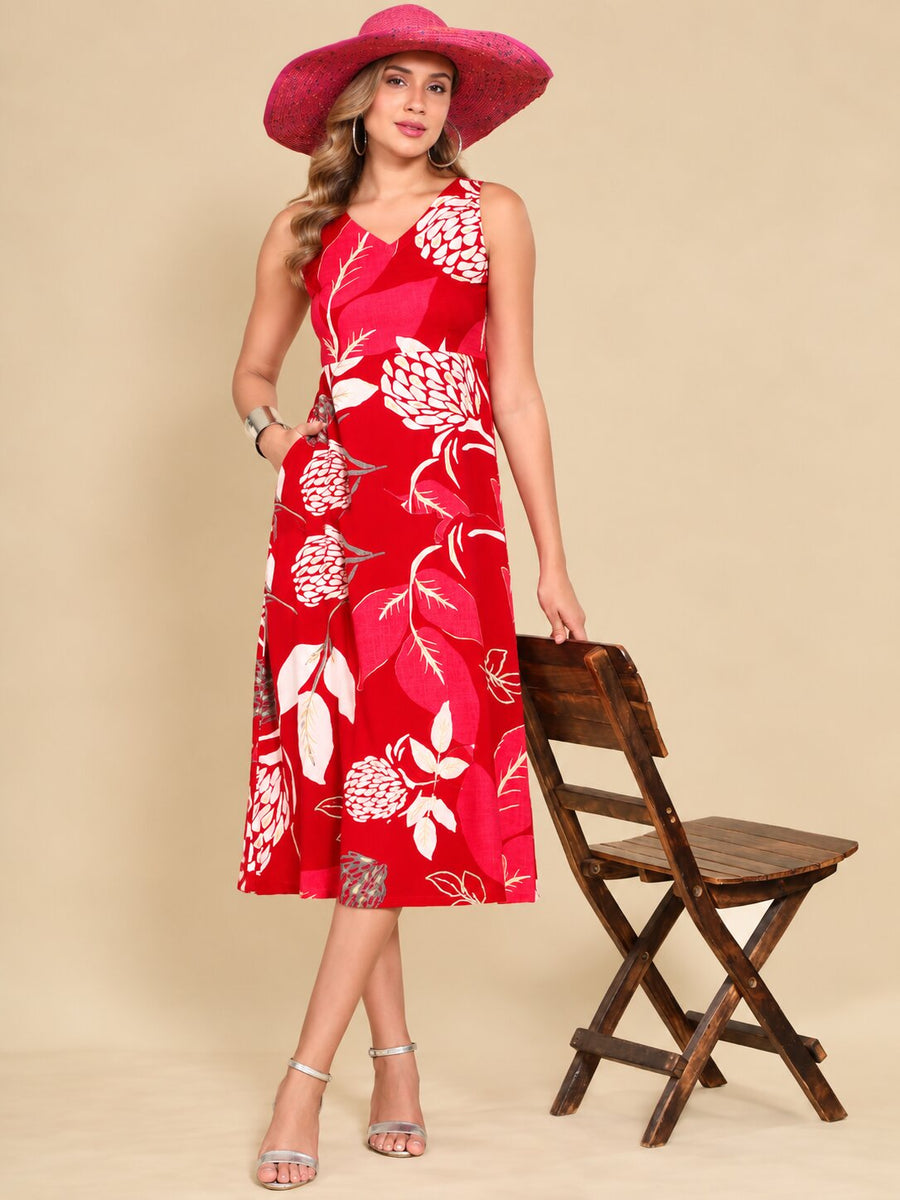 Women Red Ethnic Motifs Digital Print Fit and Flare Midi Dress