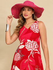 Women Red Ethnic Motifs Digital Print Fit and Flare Midi Dress