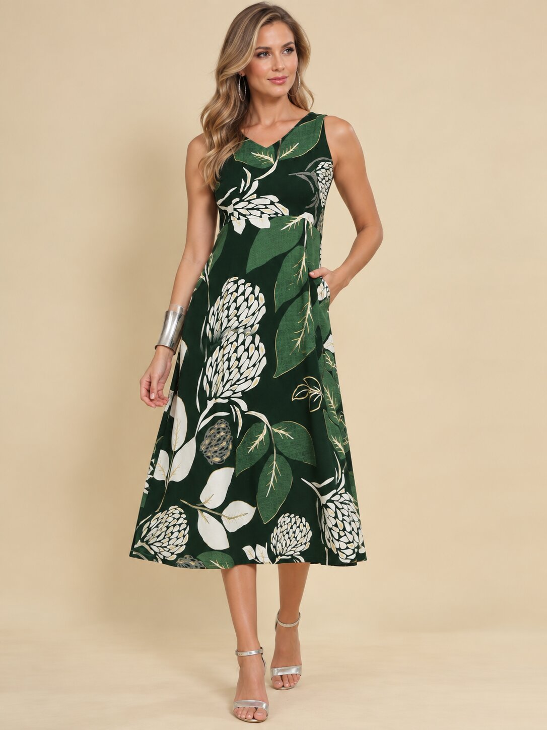 Women Green Ethnic Motifs Digital Print Fit and Flare Midi Dress