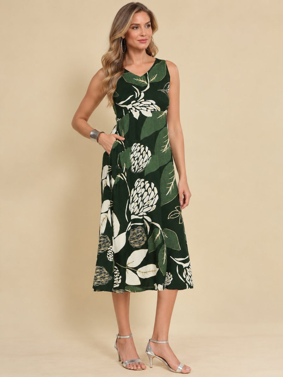 Women Green Ethnic Motifs Digital Print Fit and Flare Midi Dress