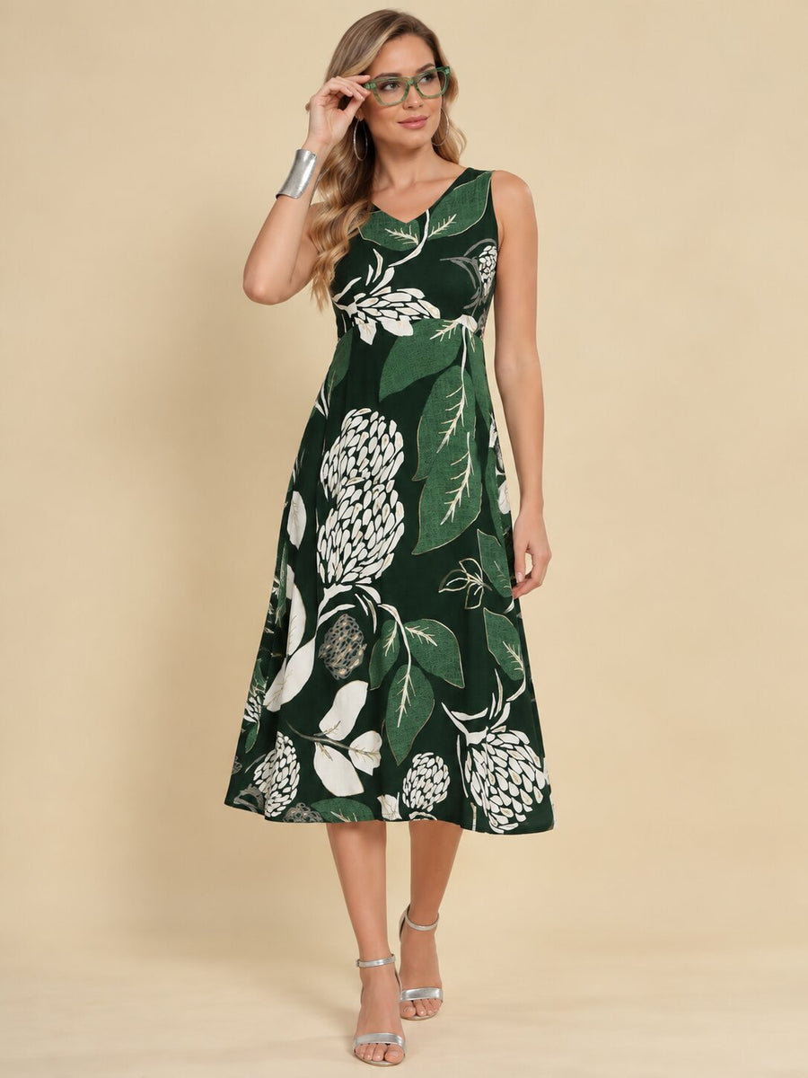 Women Green Ethnic Motifs Digital Print Fit and Flare Midi Dress