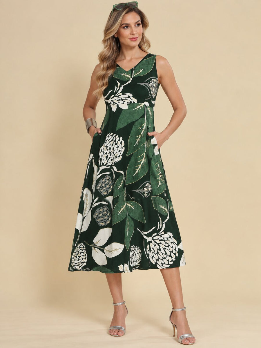 Women Green Ethnic Motifs Digital Print Fit and Flare Midi Dress