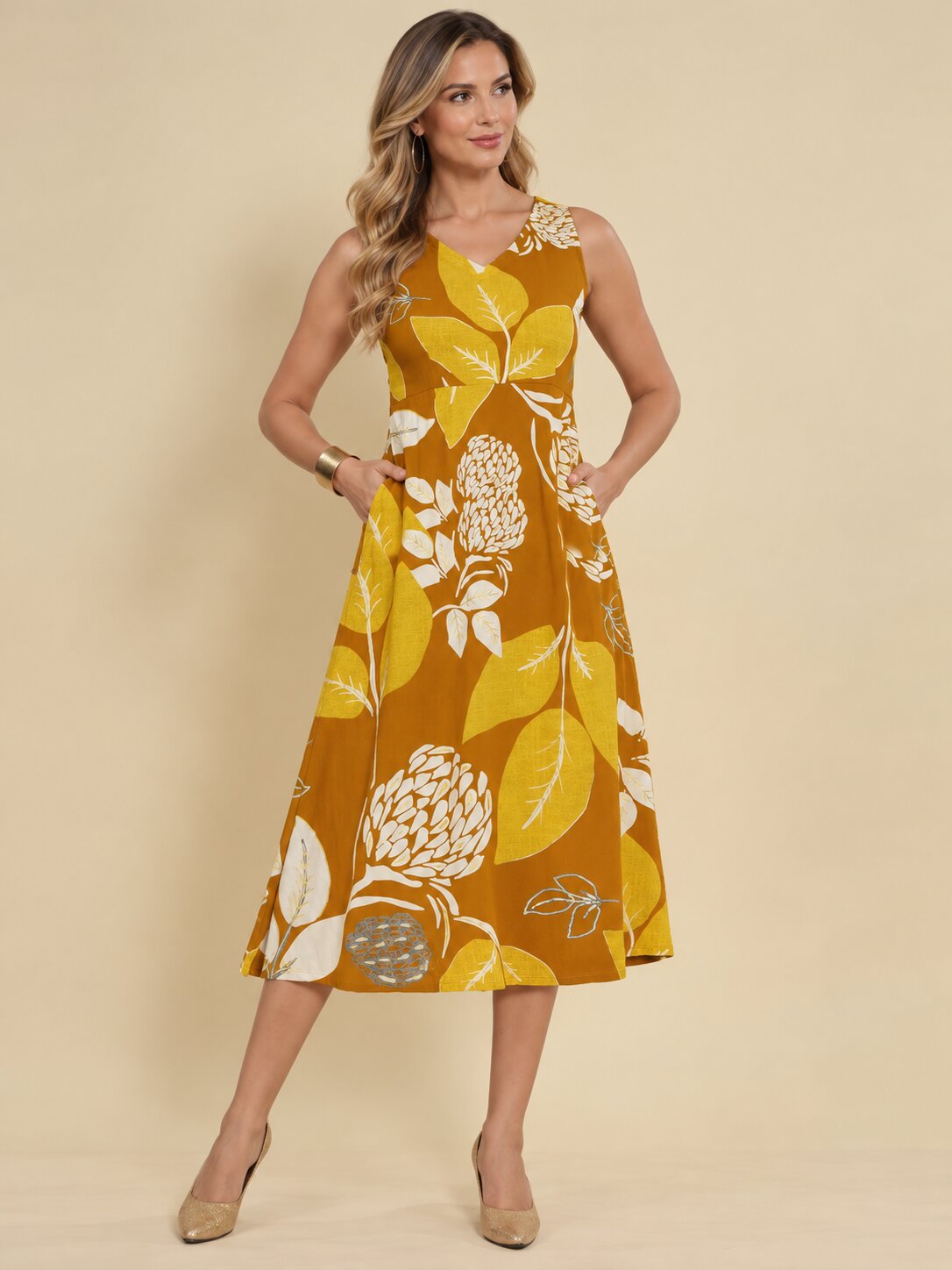 Women Mustard Ethnic Motifs Digital Print Fit and Flare Midi Dress
