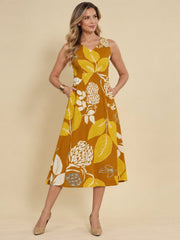 Women Mustard Ethnic Motifs Digital Print Fit and Flare Midi Dress