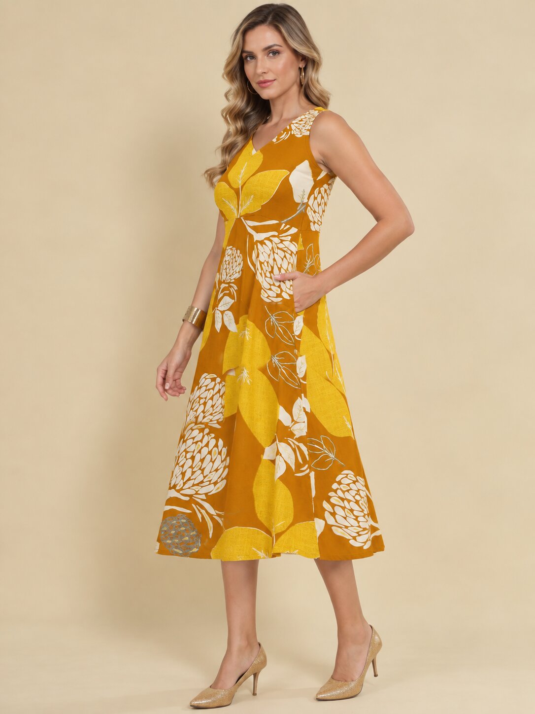 Women Mustard Ethnic Motifs Digital Print Fit and Flare Midi Dress