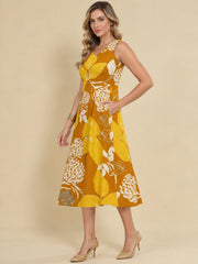 Women Mustard Ethnic Motifs Digital Print Fit and Flare Midi Dress