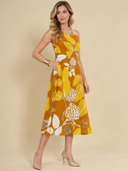 Women Mustard Ethnic Motifs Digital Print Fit and Flare Midi Dress