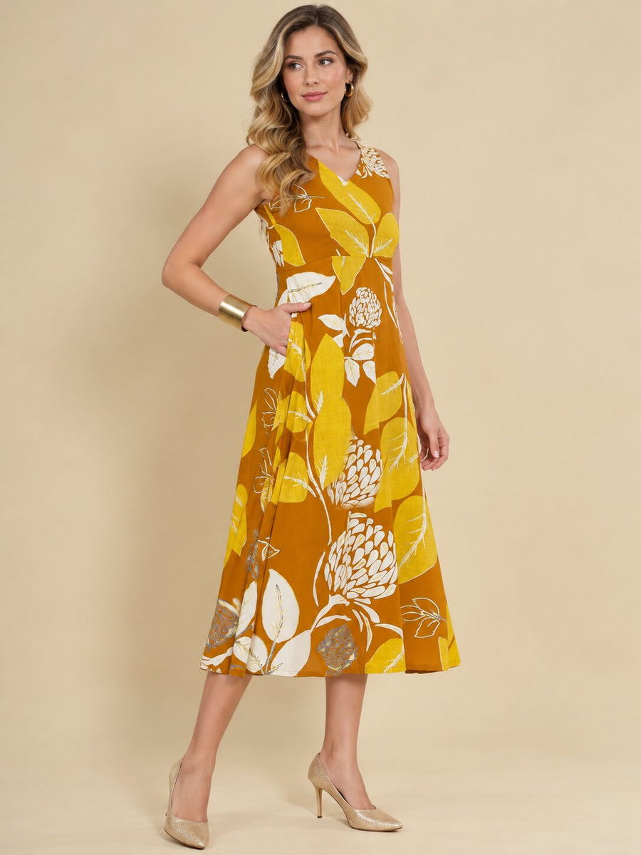 Women Mustard Ethnic Motifs Digital Print Fit and Flare Midi Dress