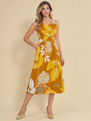 Women Mustard Ethnic Motifs Digital Print Fit and Flare Midi Dress