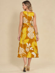 Women Mustard Ethnic Motifs Digital Print Fit and Flare Midi Dress