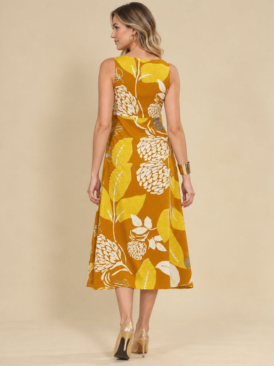 Women Mustard Ethnic Motifs Digital Print Fit and Flare Midi Dress