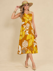 Women Mustard Ethnic Motifs Digital Print Fit and Flare Midi Dress