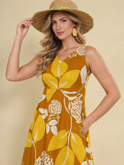 Women Mustard Ethnic Motifs Digital Print Fit and Flare Midi Dress