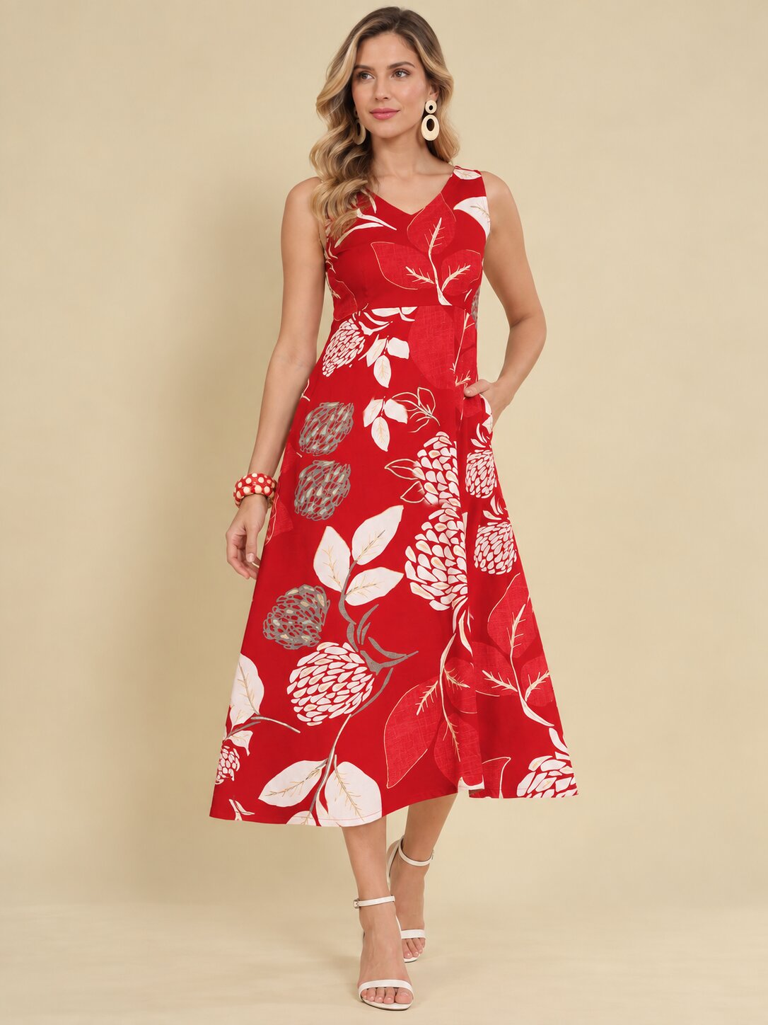 Women Red Ethnic Motifs Digital Print Fit and Flare Midi Dress